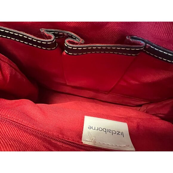 Liz Claiborne Black Leather Shoulder Bag Red Interior Pockets Shoulder Strap 28” - Picture 7 of 9